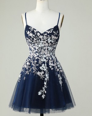 Navy Blue Beading Lace Spaghetti Straps Homecoming Dress HD3759