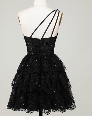 Black Sequin Lace One Shoulder Homecoming Dress with Layered Skirt HD3760
