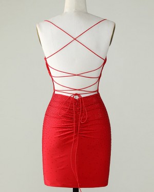 Beading Red Tight Spaghetti Straps Homecoming Dress HD3761