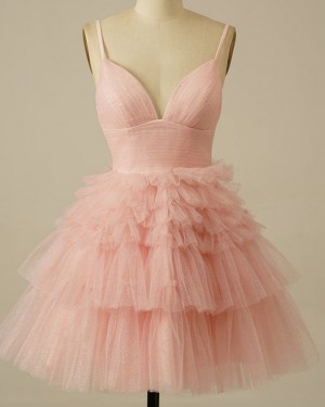 Dusty Pink Ruffled Spaghetti Straps Sparkle Homecoming Dress HD3762