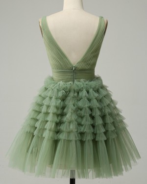 Tulle Olive Ruched & Ruffle V-neck Homecoming Dress HD3763