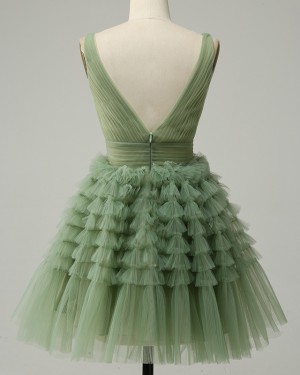 Tulle Olive Ruched & Ruffle V-neck Homecoming Dress HD3763