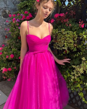 Fuchsia Ankle Length Lace Tulle Spaghetti Straps Graduation Dress HD3776