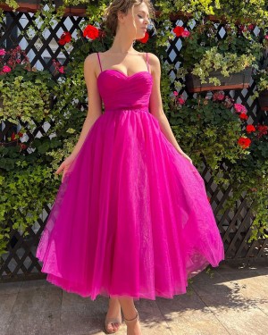 Fuchsia Ankle Length Lace Tulle Spaghetti Straps Graduation Dress HD3776
