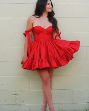Off the Shoulder Red Ruched Satin Simple Homecoming Dress HD3779
