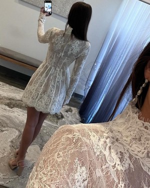 Lace High Neck A-line Homecoming Dress with Long Sleeves HD3790