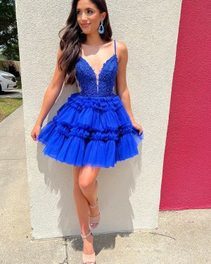 Appliqued Bodice Spaghetti Straps Homecoming Dress with Pleated Tulle Skirt  HD3791