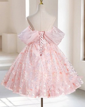 Pink Ruched Lace Off the Shoulder A-line Knee Length Graduation Dress HD3793