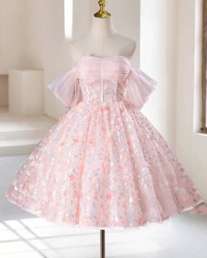 Pink Ruched Lace Off the Shoulder A-line Knee Length Graduation Dress HD3793
