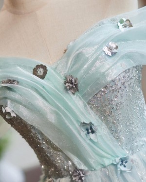 Cyan Beading & Sequin Off the Shoulder Homecoming Dress with 3D Flowers HD3794