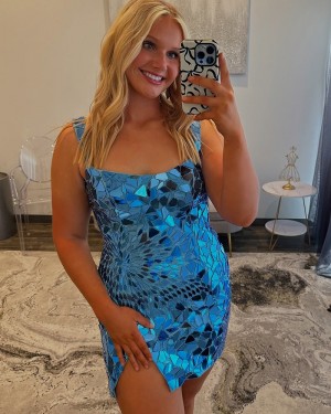 Cut Glass Mirror Square Neckline Blue Tight Homecoming Dress HD3810
