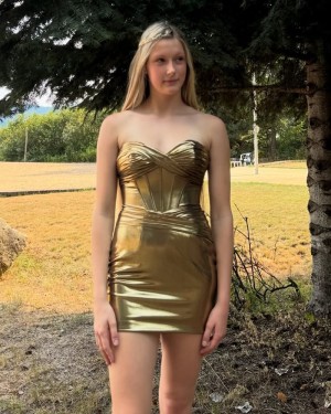 Sweetheart Gold Metallic Ruched Tight Homecoming Dress HD3812
