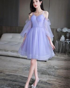 Light Blue Cold Shoulder Tulle Homecoming Dress with Half Length Sleeves HD3818
