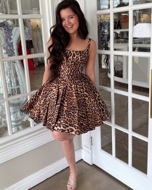 Cheetah Print Square Neckline A-line Homecoming Dress HD3820