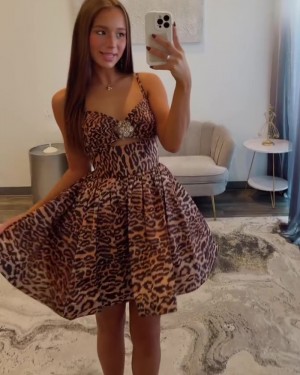 Cutout Cheetah Print Spaghetti Straps A-line Homecoming Dress HD3821