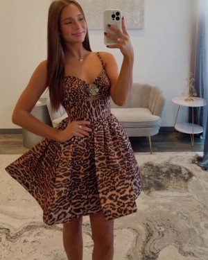 Cutout Cheetah Print Spaghetti Straps A-line Homecoming Dress HD3821