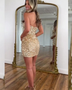 Gold Ruched Sequin Sweetheart Tight Homecoming Dress HD3824