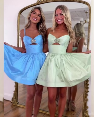 Spaghetti Straps Blue Cutout Ruched Satin A-line Homecoming Dress HD3826