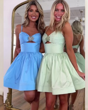 Spaghetti Straps Blue Cutout Ruched Satin A-line Homecoming Dress HD3826