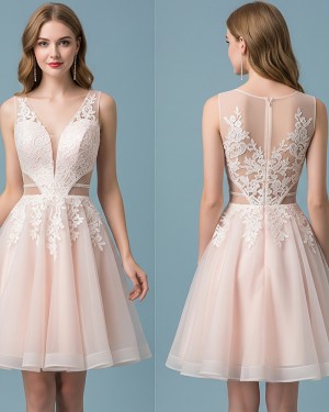 Lace Bodice Light Pink V-neck Tulle A-line Homecoming Dress HD3831