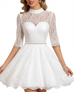 White High Neck Lace A-line Homecoming Dress with Half Length Sleeves HD3833