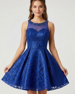 Blue Sequin Jewel Lace A-line Homecoming Dress HD3836
