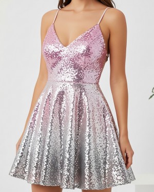 Ombre Spaghetti Straps Sequin A-line Homecoming Dress HD3837