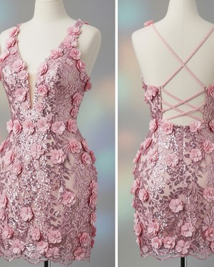 Pink Sequin Lace V-neck Tight Homecoming Dress with Handmade Flowers HD3839
