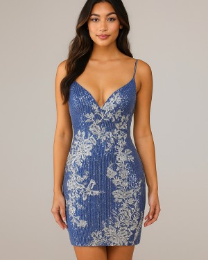 Blue Sequin Tight Spaghetti Straps Homecoming Dress with Lace Applique HD3852