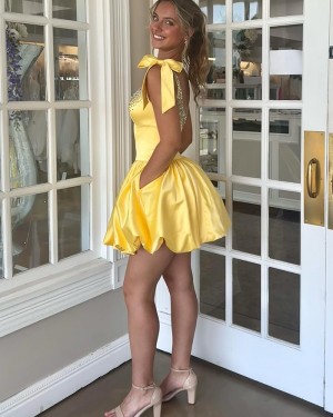 Yellow Square Neckline Beading Corset Homecoming Dress with Bows HD3866