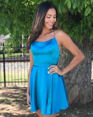 Simple Spaghetti Straps Satin Blue Homecoming Dress HDQ3429