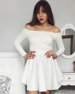 Ivory Satin Off the Shoulder Homecoming Dress with Long Sleeves HDQ3444