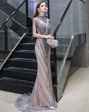 Grey & Champagne High Neck Beading Mermaid Evening Dress with Tassel Cap Sleeves HG118442