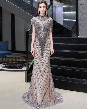 Grey & Champagne High Neck Beading Mermaid Evening Dress with Tassel Cap Sleeves HG118442