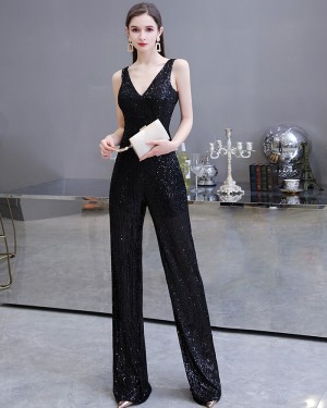 Unique V-neck Sequin Silver Jumpsuit for Evening Party HG20447