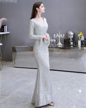 Amazing Silver Sequin Mermaid Evening Dress with Long Sleeves HG24441