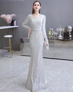 Amazing Silver Sequin Mermaid Evening Dress with Long Sleeves HG24441
