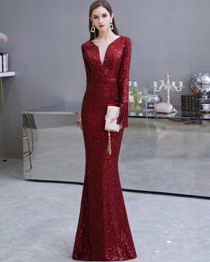 Amazing Burgundy Sequin Mermaid Long Sleeve Evening Dress HG24446