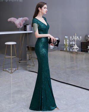 Sequin Green V-neck Mermaid Evening Dress with Tassels Cap Sleeves HG24451
