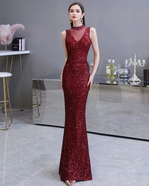 Burgundy Sequin High Neck Mermaid Evening Dress HG24452