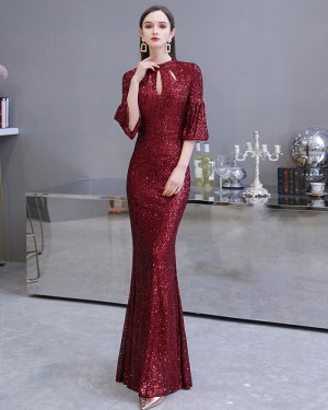 Cutout Sequin High Neck Burgundy Evening Dress with Short Bell Sleeves HG24453