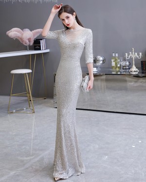 Silver Sequin High Neck Mermaid Evening Dress with Half Length Sleeves HG26454