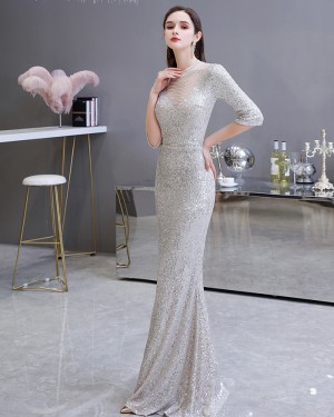 Silver Sequin High Neck Mermaid Evening Dress with Half Length Sleeves HG26454