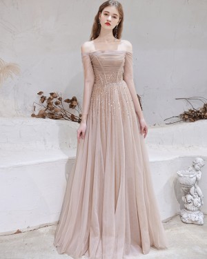 Nude Off the Shoulder Beading Tulle Evening Dress with Long Sleeves HG321015