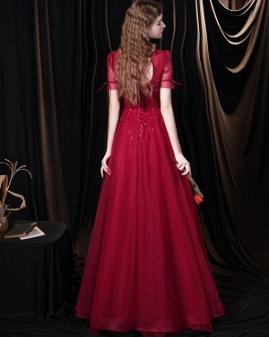 Burgundy Tulle High Neck Beading Evening Dress with Short Sleeves HG361011