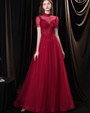 Burgundy Tulle High Neck Beading Evening Dress with Short Sleeves HG361011