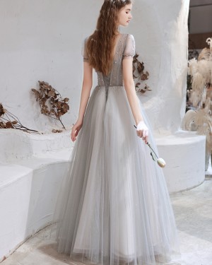 Beading Bodice V-neck Tulle Dusty Blue Evening Dress with Short Sleeves HG361013