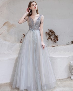 Beading Bodice V-neck Tulle Dusty Blue Evening Dress with Short Sleeves HG361013