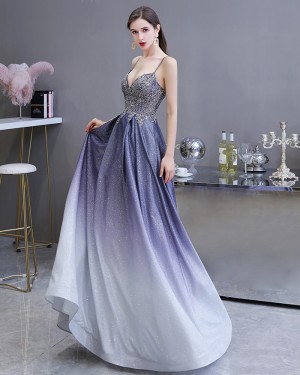 Ombre Starry Sky Satin Spaghetti Straps A-line Evening Dress with Pockets HG39450