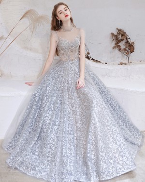 Gorgeous Dusty Blue High Neck Sequin Lace Evening Dress with Cap Sleeves HG551020